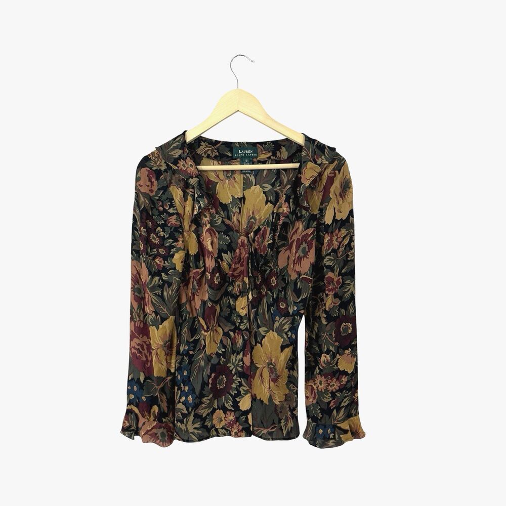 Ralph Lauren 10 Silk Button Up Blouse Floral Botanical Top Long Sleeve Womens